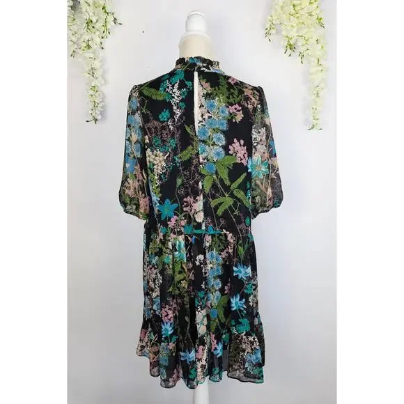 Melonie T Dress Sz 12 Black Floral Chiffon Ruffle Neck Cottage Whimsigoth Fairy - Picture 4 of 14